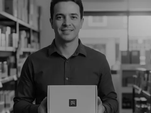 Parceiro Vizzupy segurando um kit de tags NFC